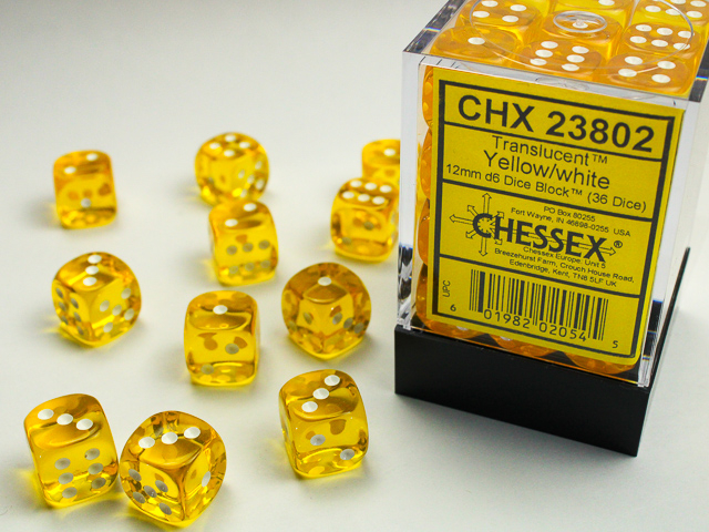 Chessex Translucent 12mm d6 Dice Block (36ct.) - Yellow/white
