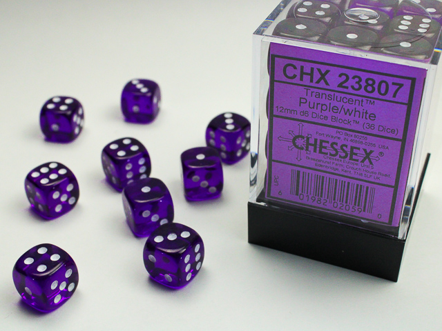 Chessex Translucent 12mm d6 Dice Block (36ct.) - Purple/white