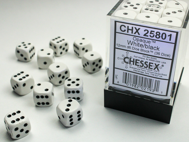 Chessex Opaque 12mm d6 Dice Block (36ct.) - White/black