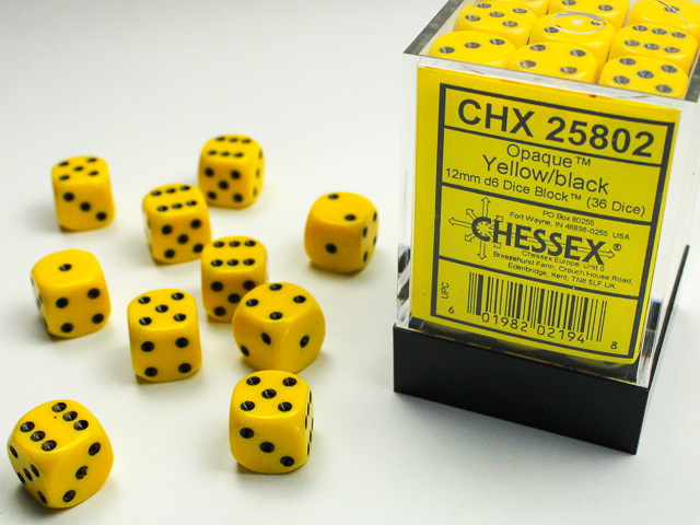 Chessex Opaque 12mm d6 Dice Block (36ct.) - Yellow/black