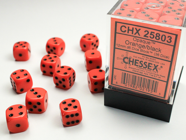Chessex Opaque 12mm d6 Dice Block (36ct.) - Orange/black