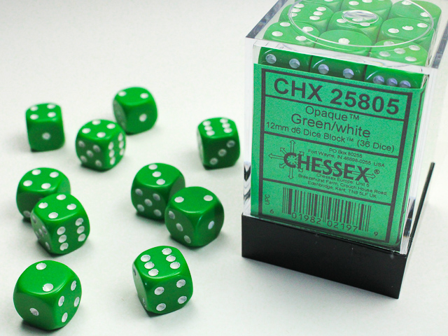 Chessex Opaque 12mm d6 Dice Block (36ct.) - Green/white