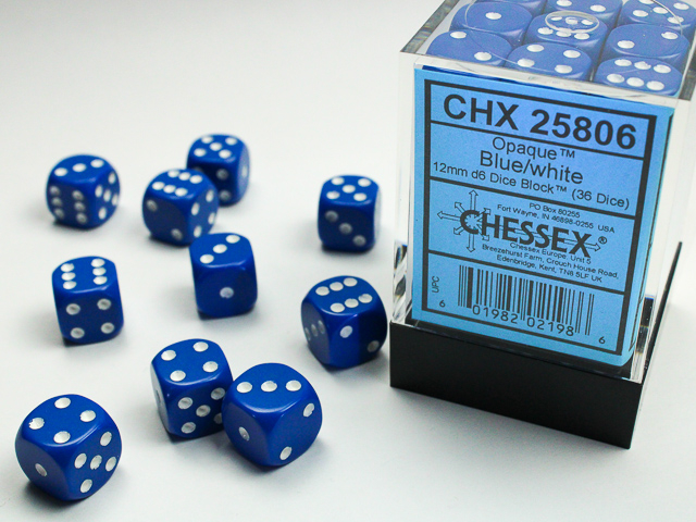 Chessex Opaque 12mm d6 Dice Block (36ct.) - Blue/white