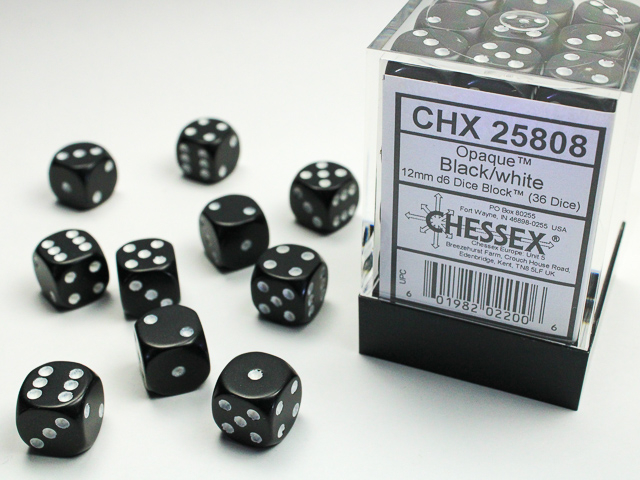 Chessex Opaque 12mm d6 Dice Block (36ct.) - Black/white