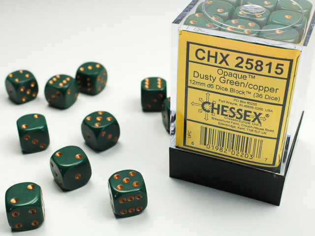 Chessex Opaque 12mm d6 Dice Block (36ct.) - Dusty Green/copper