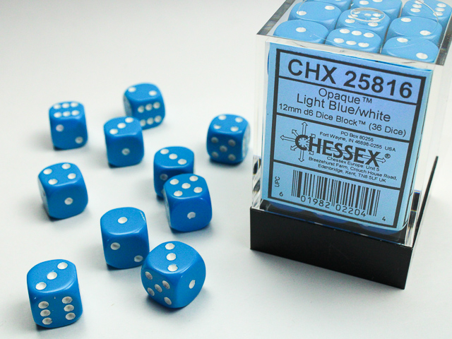 Chessex Opaque 12mm d6 Dice Block (36ct.) - Light Blue/white