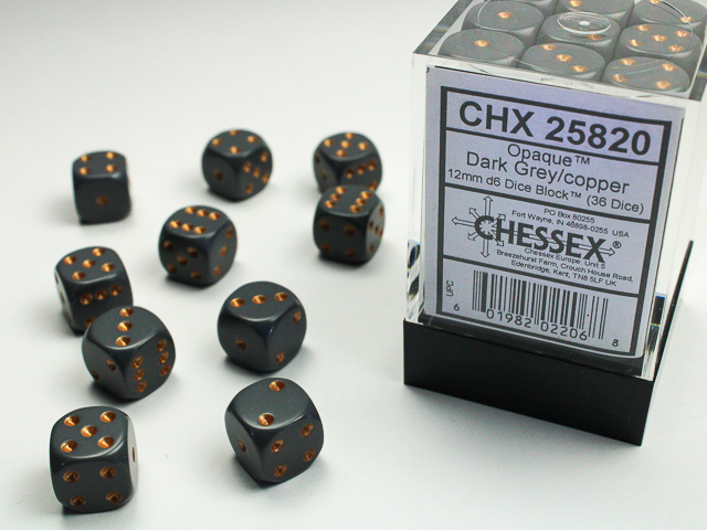 Chessex Opaque 12mm d6 Dice Block (36ct.) - Dark Grey/copper