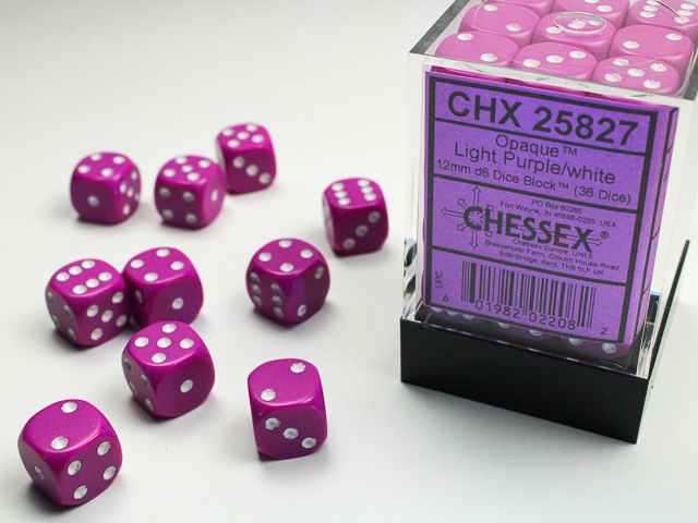 Chessex Opaque 12mm d6 Dice Block (36ct.) - Light Purple/white