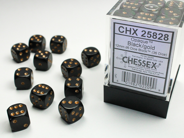Chessex Opaque 12mm d6 Dice Block (36ct.) - Black/gold