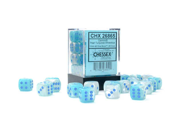 Chessex Gemini 12mm d6 Dice Block (36ct.) - Pearl Turquoise-White/blue Luminary
