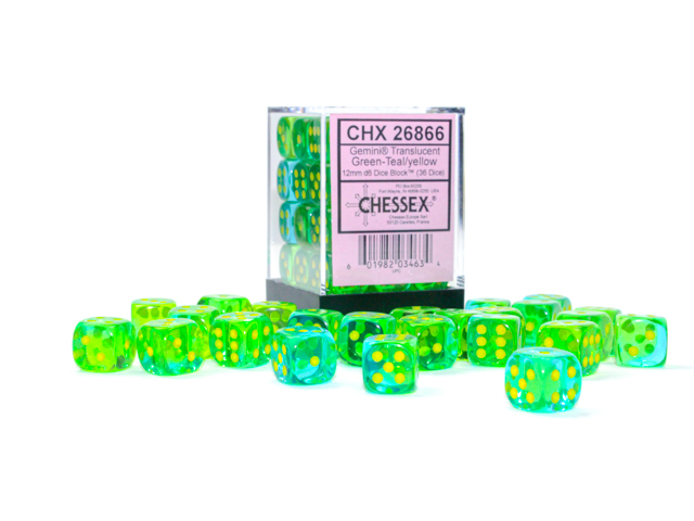 Chessex Gemini Translucent 12mm d6 Dice Block (36ct.) - Green-Teal/yellow