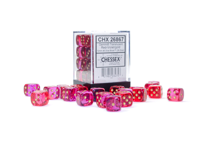 Chessex Gemini Translucent 12mm d6 Dice Block (36ct.) - Red-Violet/gold