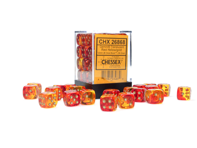Chessex Gemini Translucent 12mm d6 Dice Block (36ct.) - Red-Yellow/gold