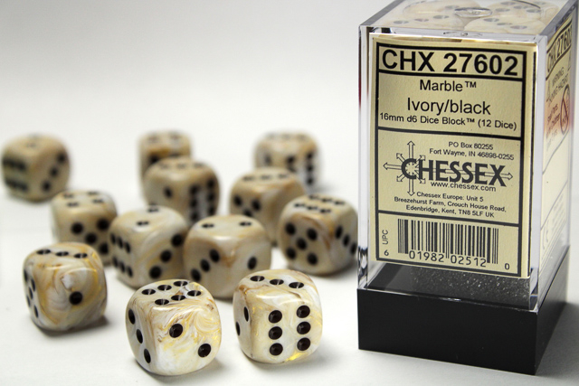Chessex Marble 16mm d6 Dice Block (12ct) - Ivory/black