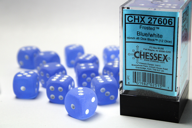 Chessex Frosted 16mm d6 Dice Block (12ct) - Blue/white