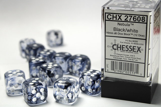 Chessex Nebula 16mm d6 Dice Block (12ct) - Black/white