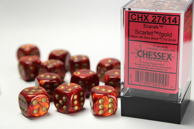 Chessex Scarab16mm d6 Dice Block (12ct) - Scarlet/gold