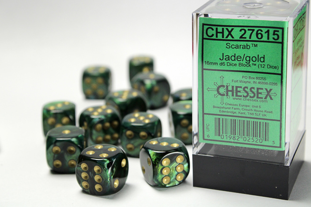 Chessex Scarab16mm d6 Dice Block (12ct) - Jade/gold