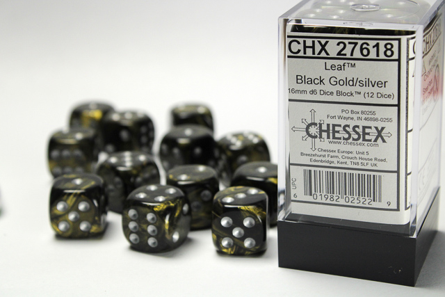 Chessex Leaf 16mm d6 Dice Block (12ct) - Black Gold/silver