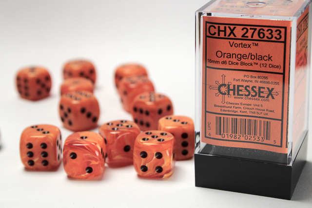 Chessex Vortex 16mm d6 Dice Block (12ct) - Orange/black