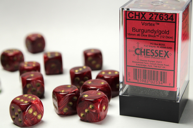 Chessex Vortex 16mm d6 Dice Block (12ct) - Burgundy/gold