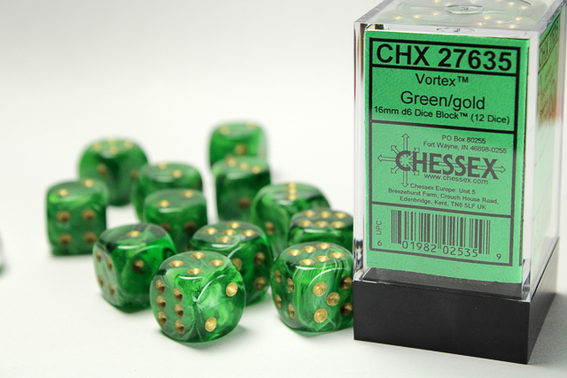Chessex Vortex 16mm d6 Dice Block (12ct) - Green/gold