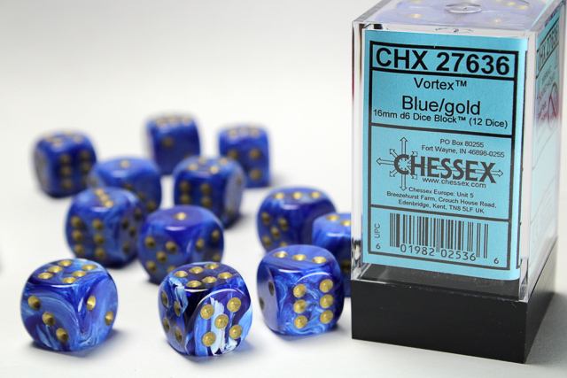 Chessex Vortex 16mm d6 Dice Block (12ct) - Blue/gold