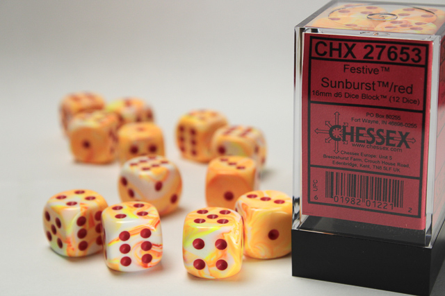 Chessex Festive 16mm d6 w/pips Dice Block (12ct.) - Sunburst/black
