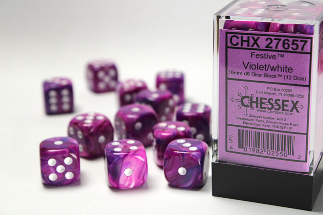 Chessex Festive 16mm d6 Dice Block (12ct.) - Violet/white