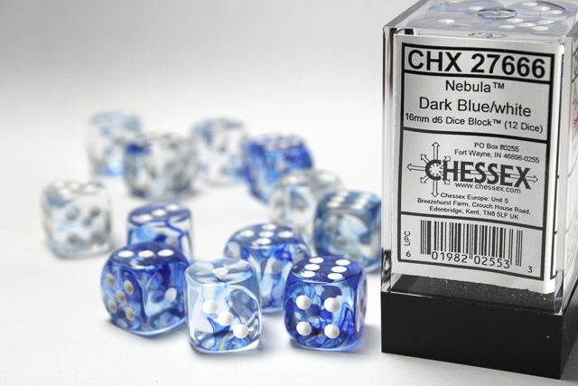 Chessex Nebula 16mm d6 Dice Block (12ct.) - Dark Blue/white