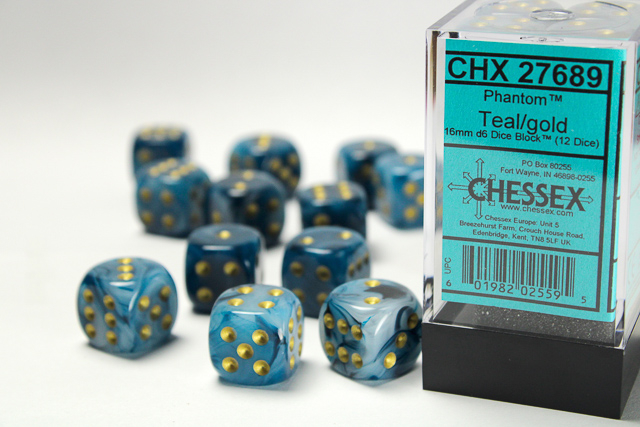 Chessex Phantom 16mm d6 Dice Block (12ct.) - Teal/gold