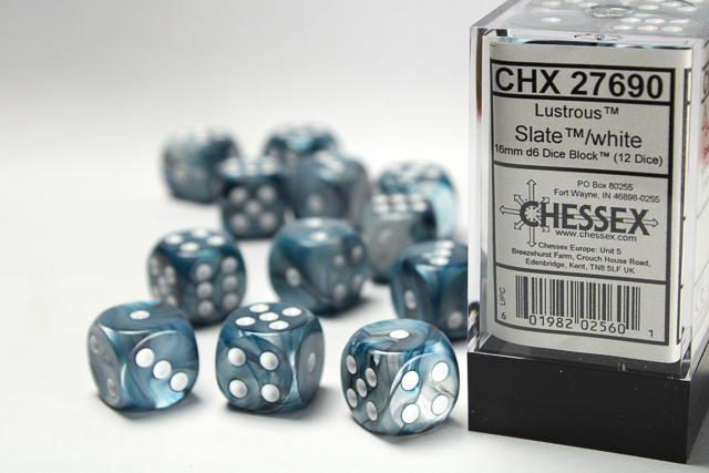 Chessex Lustrous 16mm d6 Dice Block (12ct.) - Slate/white