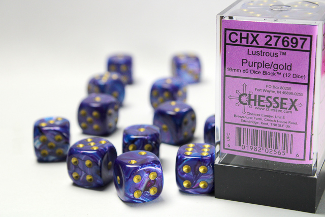 Chessex Lustrous 16mm d6 Dice Block (12ct.) - Purple/gold