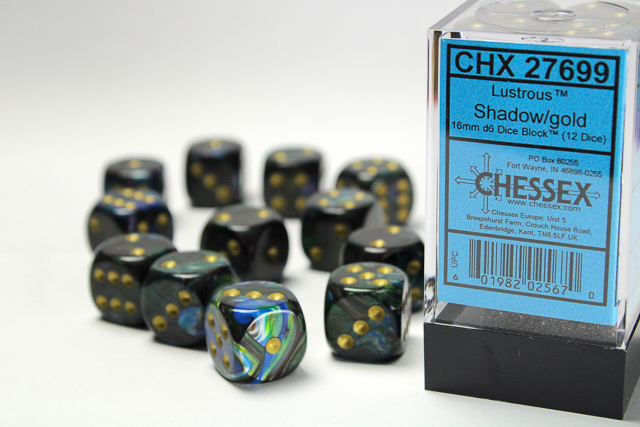 Chessex Lustrous 16mm d6 Dice Block (12ct.) - Shadow/gold