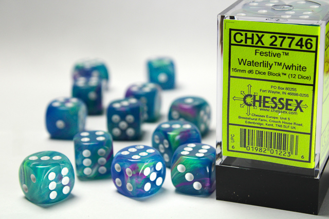 Chessex Festive 16mm d6 Dice Block (12ct.) - Waterlily/white