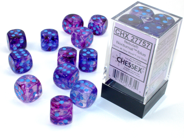 Chessex Nebula 16mm d6 Dice Block (12ct.) - Nocturnal/blue Luminary