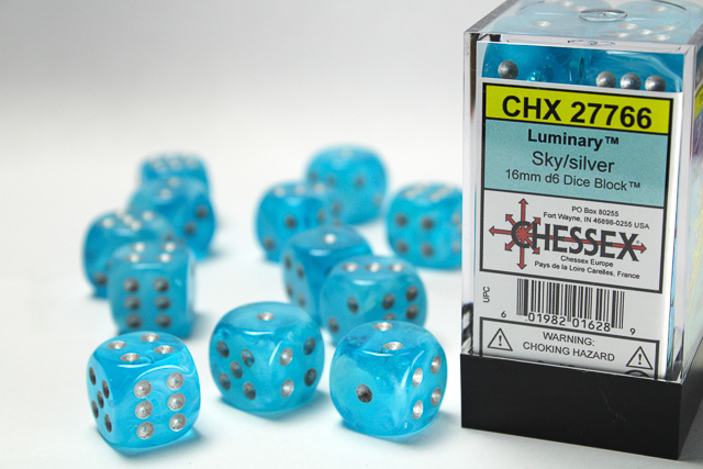 Chessex Luminary 16mm d6 Dice Block (12ct.) - Sky/silver