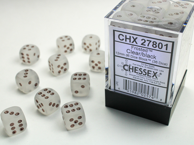 Chessex Frosted 12mm d6 Dice Block (36ct.) - Clear/black