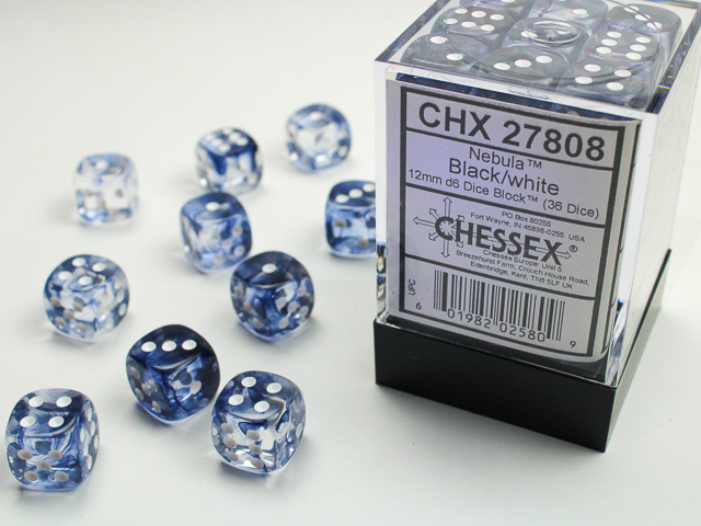 Chessex Nebula 12mm d6 Dice Block (36ct.) - Black/white