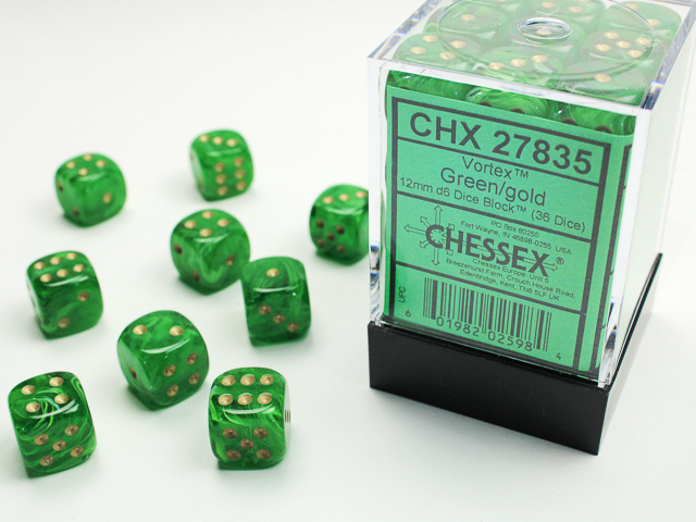 Chessex Vortex 12mm d6 Dice Block (36ct.) - Green/gold