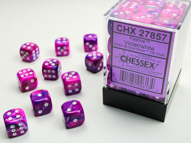 Chessex Festive 12mm d6 Dice Block (36ct.) - Violet/white