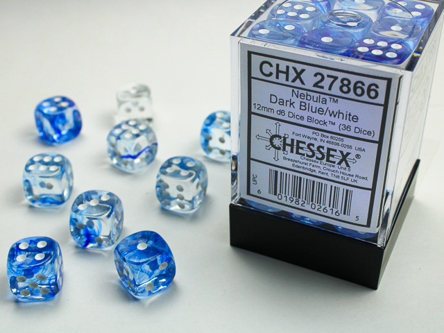 Chessex Nebula 12mm d6 Dice Block (36ct.) - Dark Blue/white