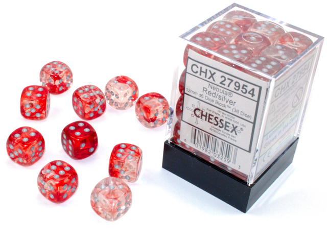 Chessex Nebula 12mm d6 Dice Block (36ct.) - Red/silver Luminary