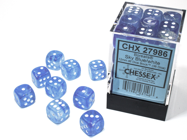 Chessex Borealis® 12mm d6 Dice Block (36ct.) - Sky Blue/white Luminary
