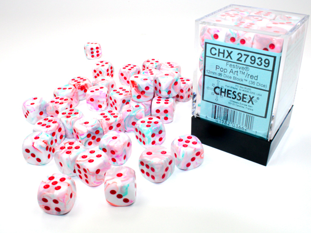 Chessex Festive 12mm d6 Dice Block (36ct.) - Pop Art/red
