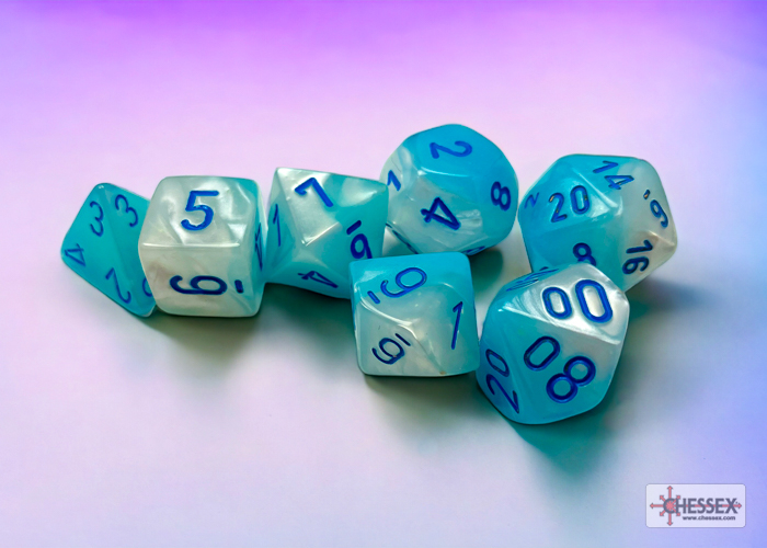 Chessex Gemini® Polyhedral Pearl Turquoise-White/blue Luminary 7-Die Set