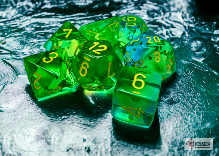Chessex Gemini® Polyhedral Translucent Green-Teal/yellowy 7-Die Set