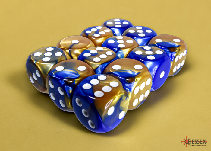 Chessex Gemini 16mm d6 Dice Block (12ct.) - Blue-Gold/white