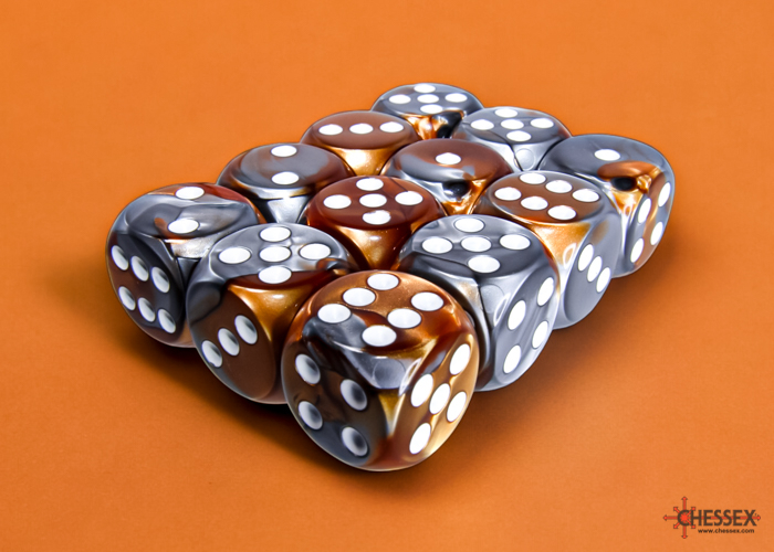 Chessex Gemini 16mm d6 Dice Block (12ct.) - Copper-Steel/white