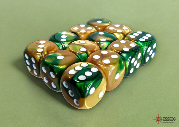 Chessex Gemini 16mm d6 Dice Block (12ct.) - Gold-Green/white